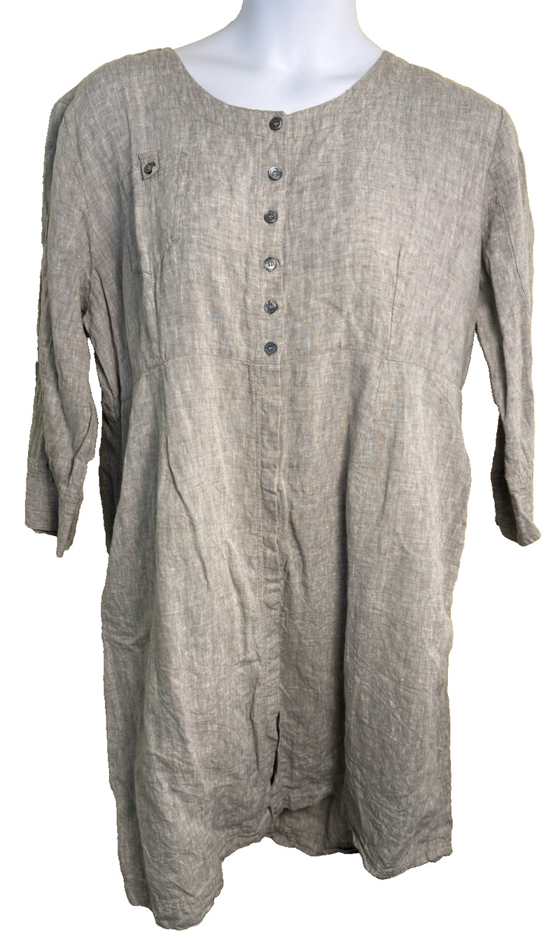 Gudrun Sjoden 100% Linen Tunic Dress Lagenlook Button Front Grey XXL Coastal